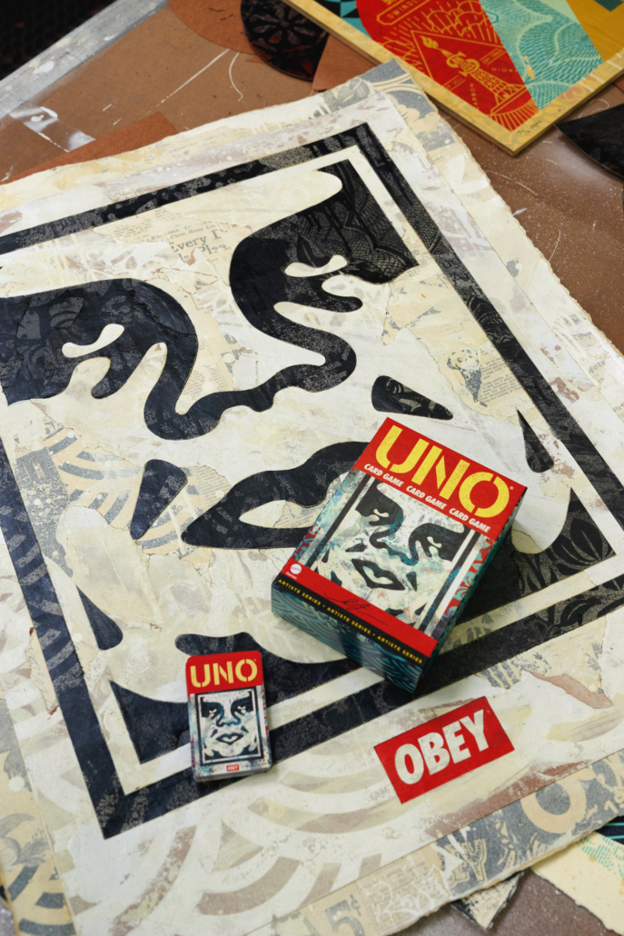 Mattel approached Shepard Fairey to create the fourth entry in the UNO Artiste Series of specialty decks for the classic card game.