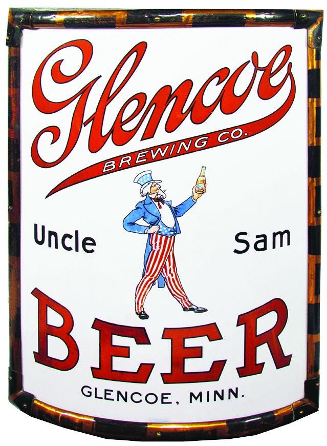 Uncle Sam has appeared in many advertising campaigns. This Glencoe Brewing Co. Vitrolite corner sign fetched $17,000 plus the buyer’s premium in September 2020 in Showtime Auction Services.