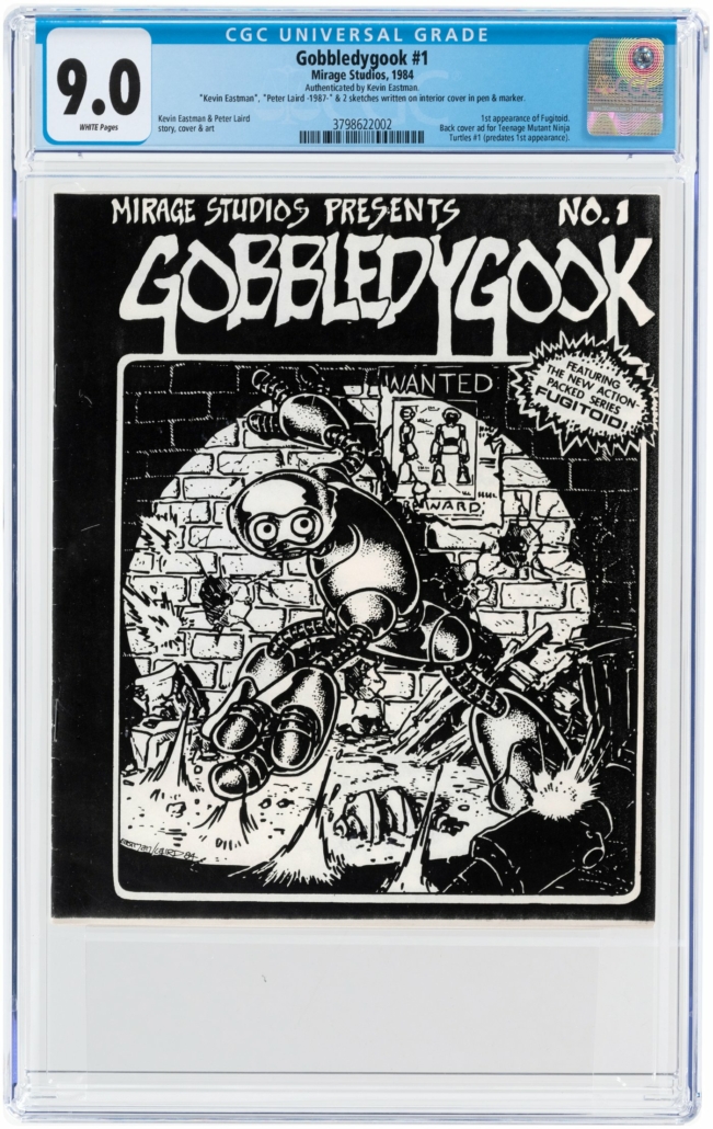 Gobbledygook #1, published in 1987, had a small print run and featured a character, Fugitoid, who later became part of the Teenage Mutant Ninja Turtles universe. This high-grade copy realized $71,390 including the buyer’s premium at Hake’s Auctions.