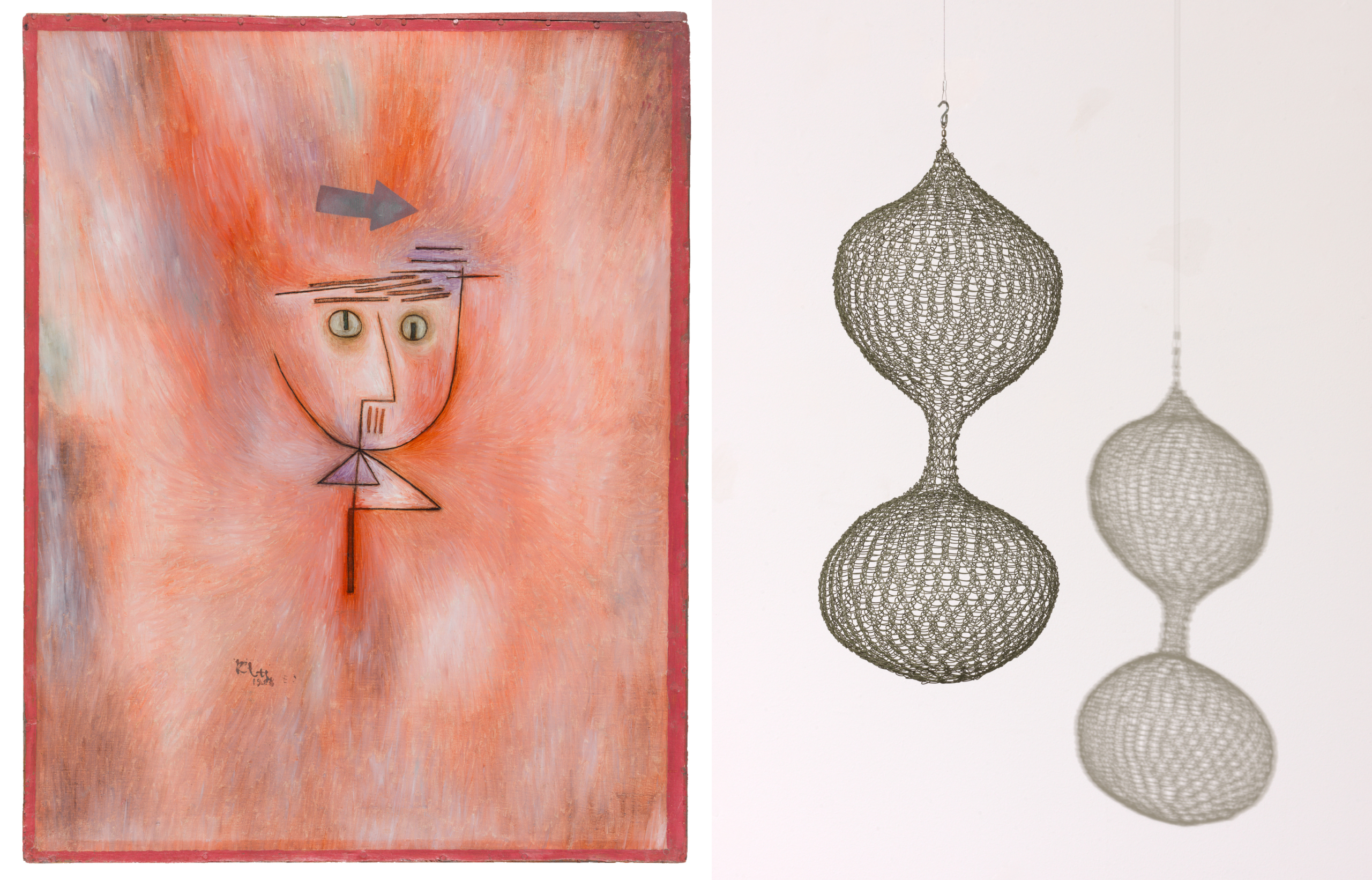 Left, Paul Klee, ‘Fast getroffen (Nearly Hit),’ 1928; Collection SFMOMA, Albert M. Bender Collection, Albert M. Bender Bequest Fund purchase; photo: Mary Ellen Hawkins. Right, Ruth Asawa, ‘Untitled (S.530, Hanging, Two-Lobed, Continuous Form),’ ca. 1952-1954; Collection SFMOMA, Gift of Robert B. Howard; © 2021 Estate of Ruth Asawa / Artists Rights Society (ARS), New York; photo: Katherine Du Tiel