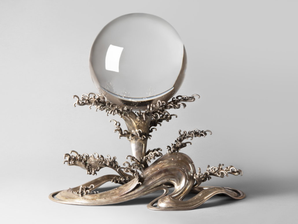 ‘Crystal Ball,’ 19th - early 20th century, artist/maker unknown, Chinese. Rock crystal (quartz), 8 11/16 inches, 31 pounds 8.4 ounces; silver stand, 17 3/8 inches. Gift of Major General and Mrs. William Crozier, 1944. Image courtesy of Philadelphia Museum of Art, 2021.