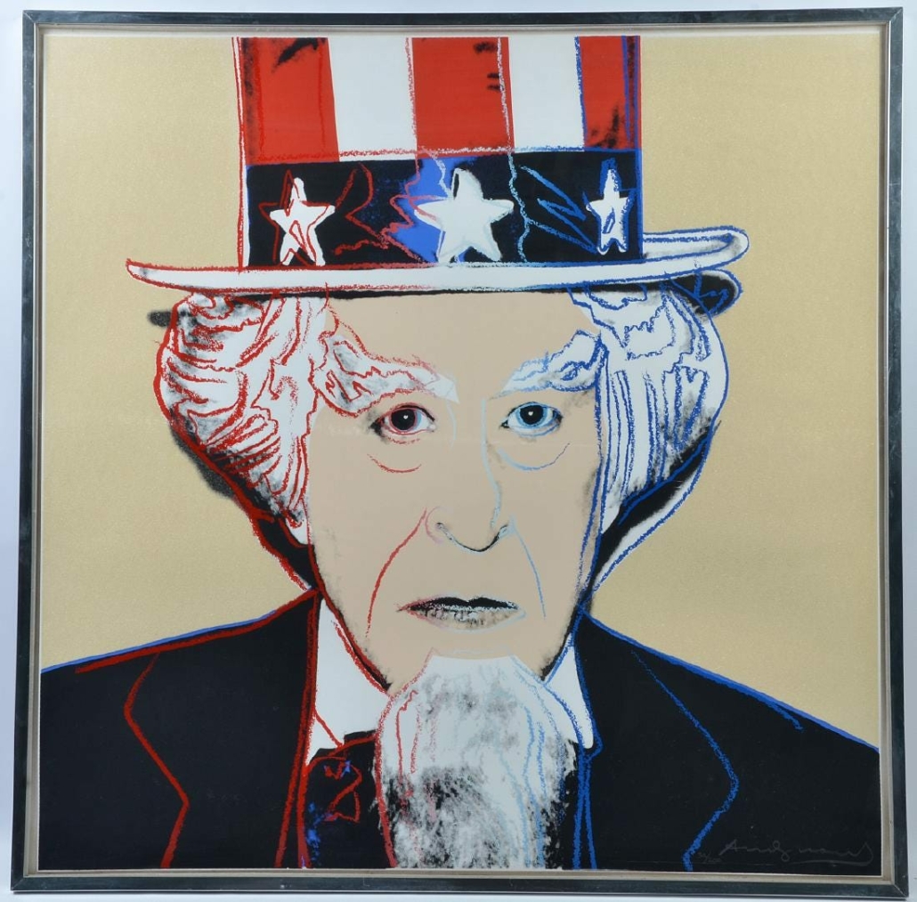 Uncle Sam has inspired several artists, including Andy Warhol, who paid homage with a diamond dust screenprint. This example attained $25,000 plus the buyer’s premium in March 2018 at Abington Auction Gallery.