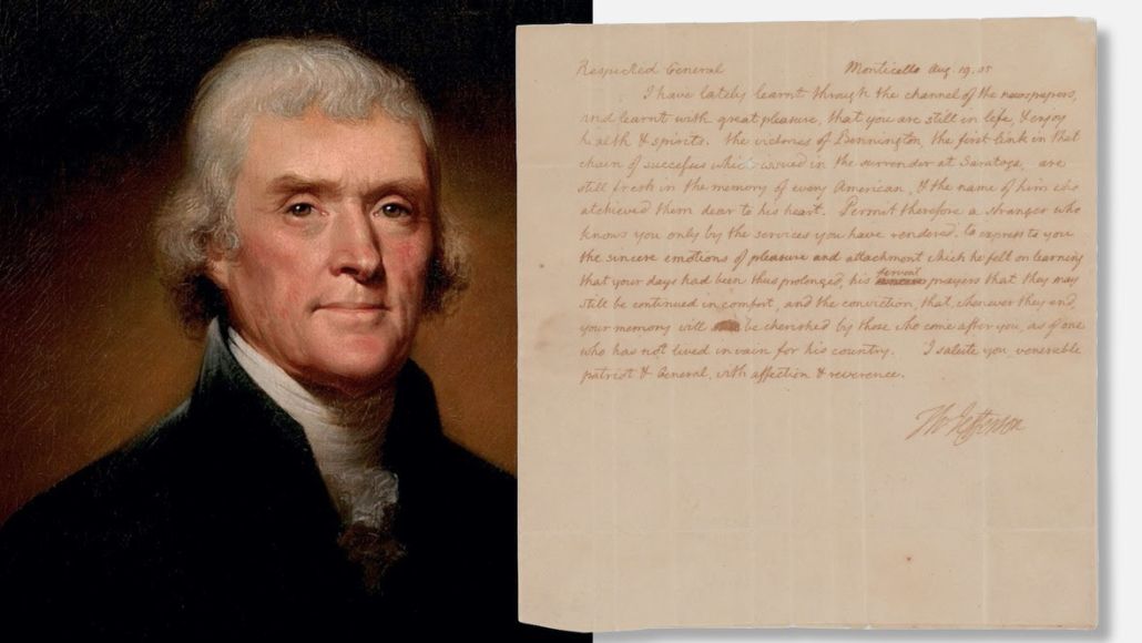 An 1805 letter from President Thomas Jefferson to a Revolutionary War hero sold for $68,750.