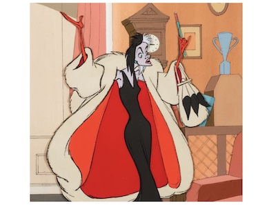 Original animation cel depicting Cruella DeVille from Disney’s ‘101 Dalmations,’ est. $2,500-$3,000