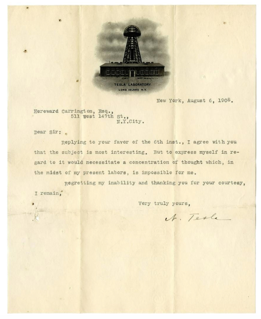 Signed Nikola Tesla letter, est. $1,500-$2,500