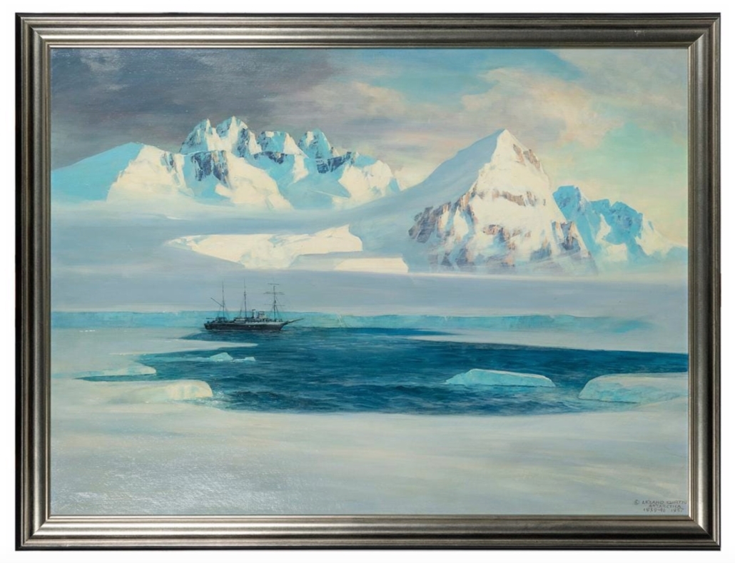 Painting of the USS Bear in Neny Fjord, Antarctica, by Leland Curtis, est. $4,000-$6,000