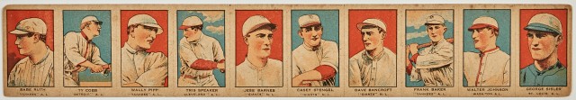 Uncut strip of 10 baseball cards dating to 1921, est. $2,000-$3,000