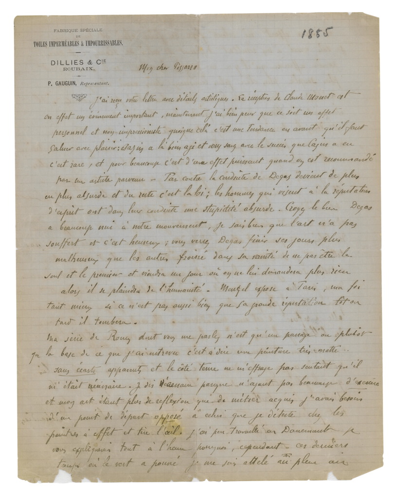 Paul Gauguin letter to Camille Pissarro, $25,121