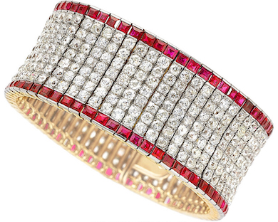 Diamond, ruby, and platinum-topped gold bracelet, $40,000