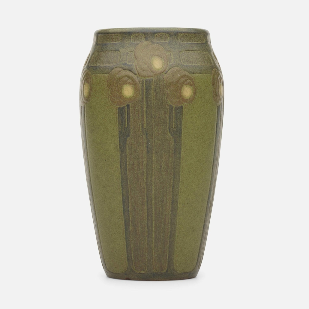  A circa-1910 Marblehead Pottery vase by Arthur Hennessey and Sarah Tutt sold at Rago Arts and Auction Center in June 2020 for $150,000 plus the buyer’s premium. Photo courtesy of Rago Arts and Auction Center and LiveAuctioneers.