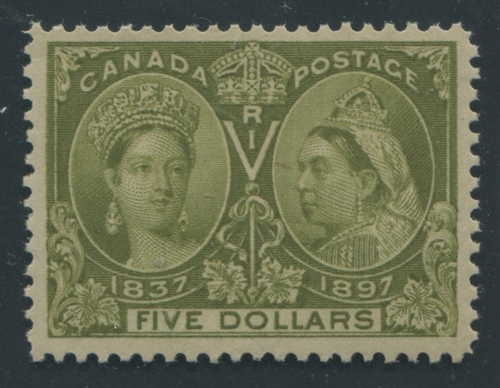 Canada 1897 #65 $5 Olive Green VF MNH, est. $1,200-$1,500 