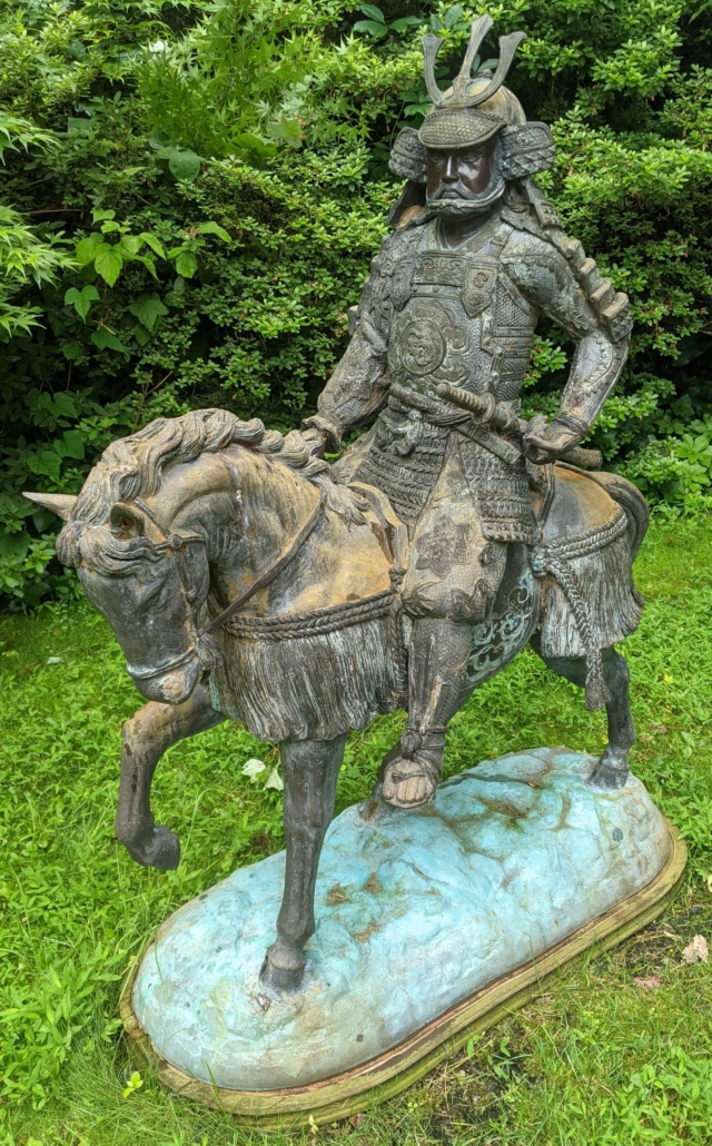 Monumental outdoor Asian bronze warrior on horseback, $2,812