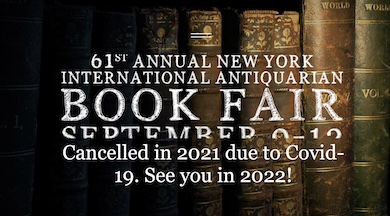 The home page for the New York International Antiquarian Book Fair (NYIABF) relays the news of the cancellation of the 2021 edition.