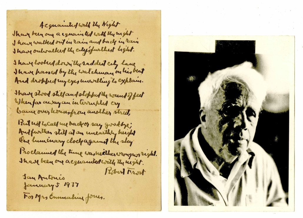 Signed, handwritten 1937 copy of the poem ‘Acquainted with the Night’ by Robert Frost, est. $7,000-$8,000