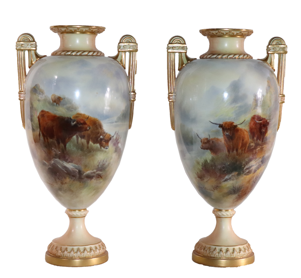 Pair of Royal Worcester hand-painted porcelain vases, signed John Stinton, est. $10,000-$20,000