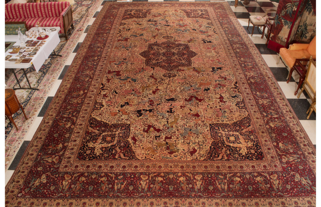 19th-century Tabriz rug with a hunter's motif, $42,500