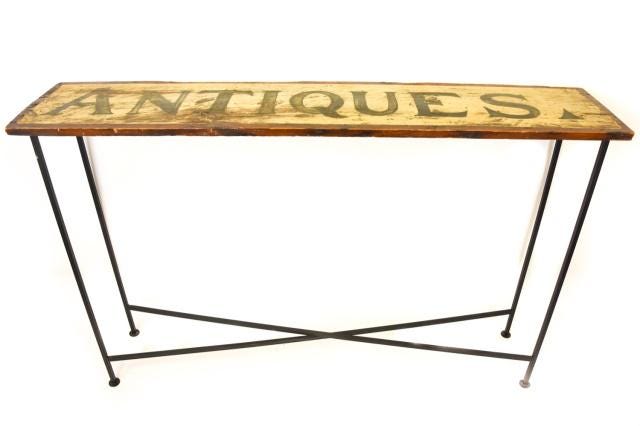 An upcycler transformed a sign into a console table that realized $200 plus the buyer’s premium in June 2021 at Greenwich Auction. Photo courtesy of Greenwich Auction and LiveAuctioneers.