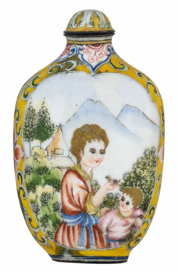 A Beijing enamel yellow ground snuff bottle depicting a mother and child and marked Qianlong sold for $3,764 plus the buyer’s premium in December 2019 at Carlo Bonte Auctions. Photo courtesy of Carlo Bonte Auctions and LiveAuctioneers.