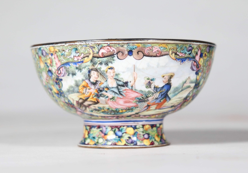 This 18th-century Canton Beijing enamel stem bowl made $4,250 plus the buyer’s premium in June 2020 at Eddie’s Auction. Photo courtesy of Eddie’s Auction and LiveAuctioneers.