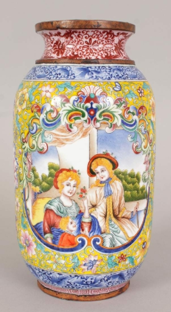 A Chinese yellow ground enamel vase, decorated with two panels of European ladies, achieved $3,330 plus the buyer’s premium in June 2017 at John Nicholson Auctioneers. Photo courtesy of John Nicholson Auctioneers and LiveAuctioneers.