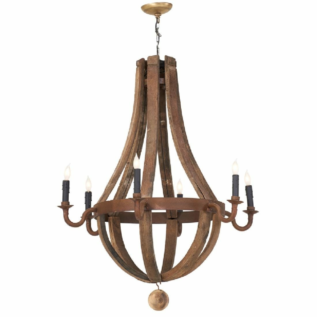 This six-arm chandelier, made of reclaimed French oak wine barrel staves and a metal hoop with a wood ball finial, sold for $700 in October 2017 at Rago Arts and Auction Center. Photo courtesy of Rago Arts and Auction Center and LiveAuctioneers.