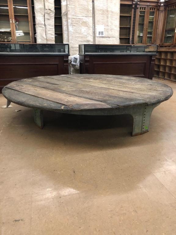 An industrial-style 88-in diameter low table earned $850 plus the buyer’s premium in November 2019 at Ashcroft and Moore LLC. Photo courtesy of Ashcroft and Moore LLC and LiveAuctioneers.