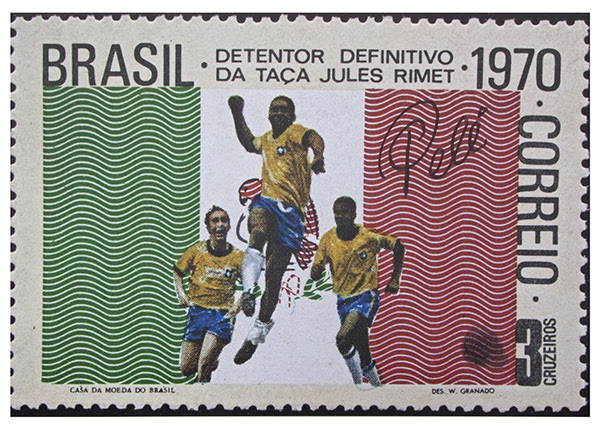 Signed, fingerprinted photograph of Pele’s infamous leap into the air at the Brasil 1970 World Cup Champions, est. $200-$300