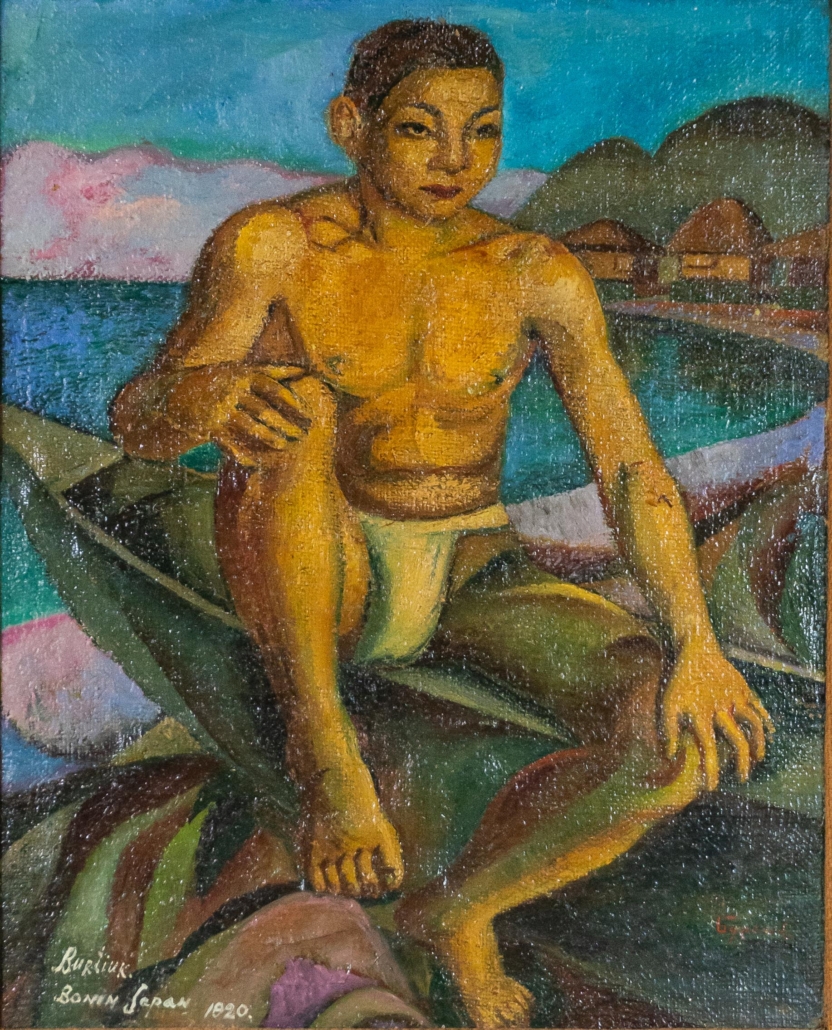 David Burliuk oil on burlap portrait of a Japanese fisherman, est. $5,000-$6,000