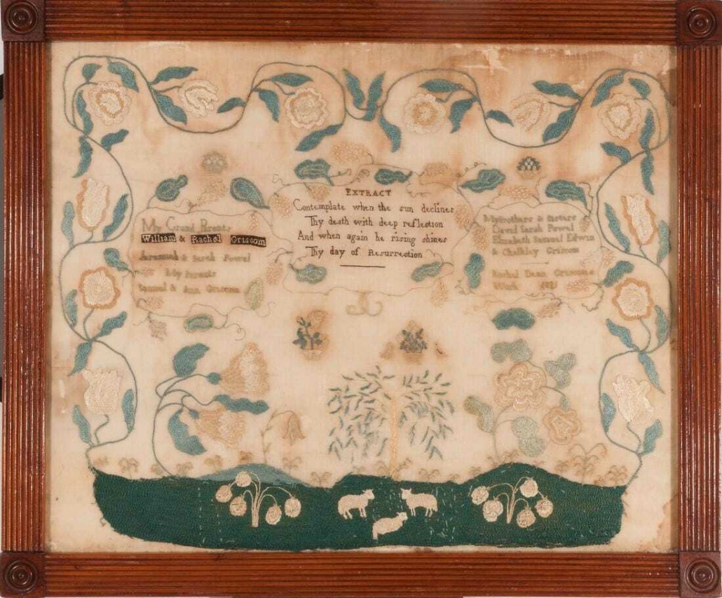 1821 family record sampler by Rachel Dean Griscom, est. $2,500-$3,000