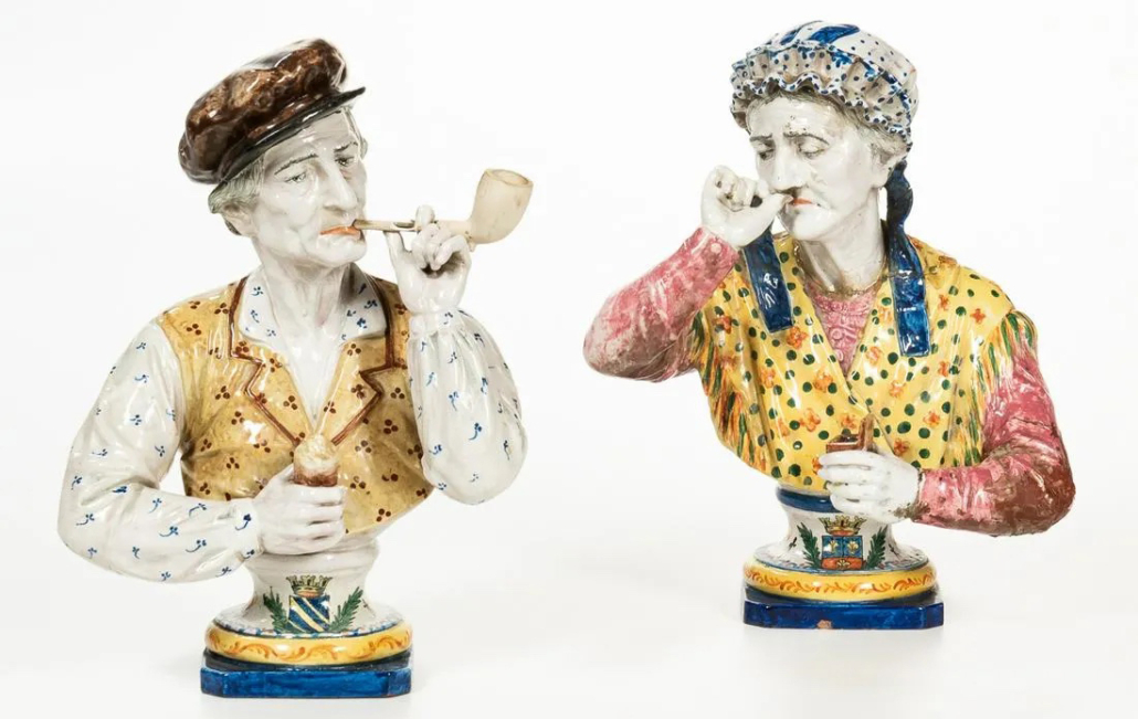 Pair of faience pottery character busts, est. $1,500-$3,000
