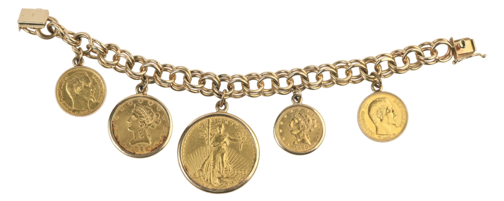 14K gold charm bracelet with gold coins, $5,700