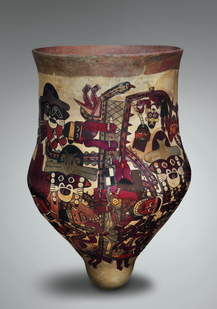 Pottery ceremonial drum depicting a mythical scene, Peru, Nasca, 100 BC – 650. Private collection on loan to the Museo de Arte de Lima. Photo by Daniel Giannoni