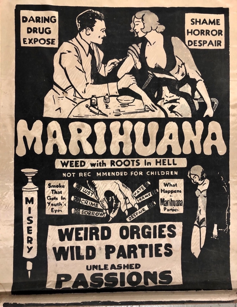 Silk banner from 1935 advertising the exploitation film Marijuana, est. $500-$1,000 