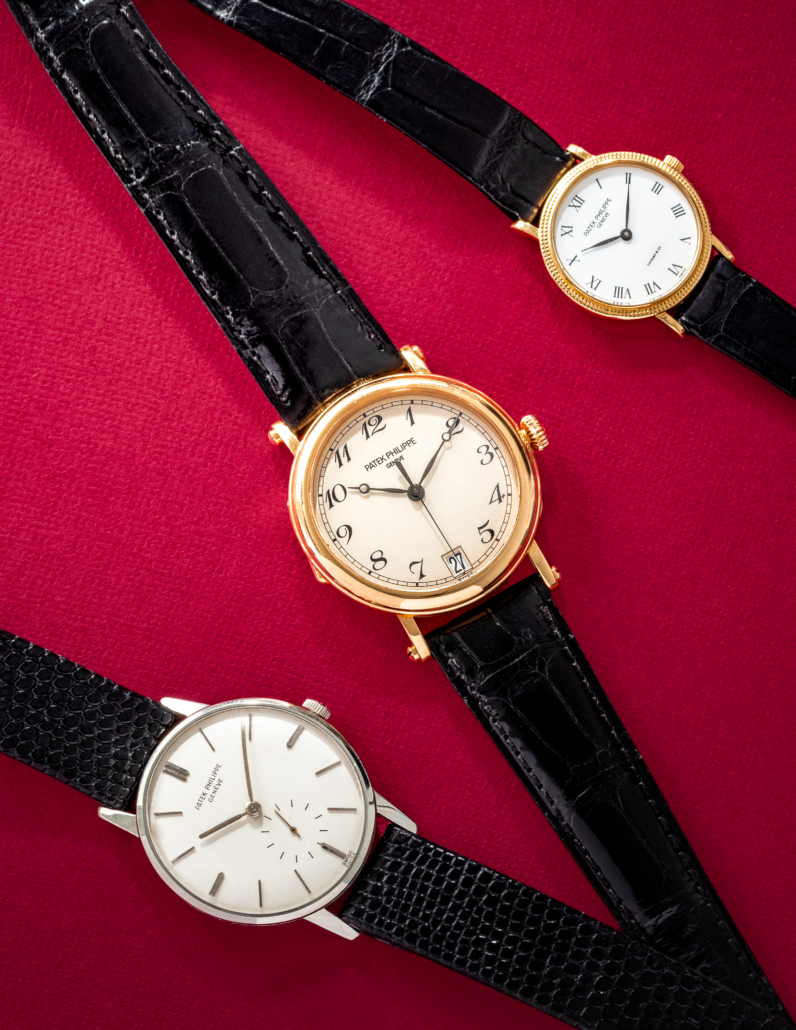 Left to Right: Patek Philippe 18K white gold Ref. 2598 'Calatrava' wristwatch, est. $10,000-$15,000; Patek Philippe, 18K pink gold Ref. 5053 'Officer's’ wristwatch, est. $7,000-$9,000; Patek Philippe, 18K yellow gold Ref. 3919 'Calatrava' wristwatch, est. $4,000-$6,000
