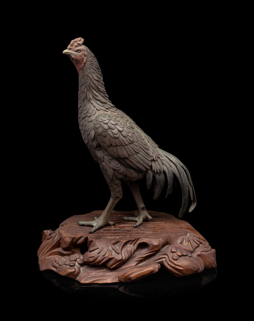 Patinated-bronze okimono of a cockerel, est. $8,000-$10,000