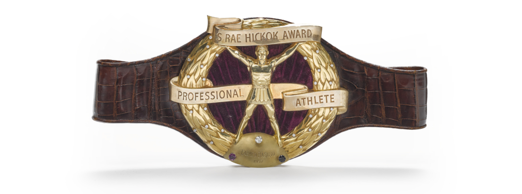 Hickok Award belt won by Carmen Basilio in 1957, est. $100,000-$150,000. Image courtesy of Bonhams