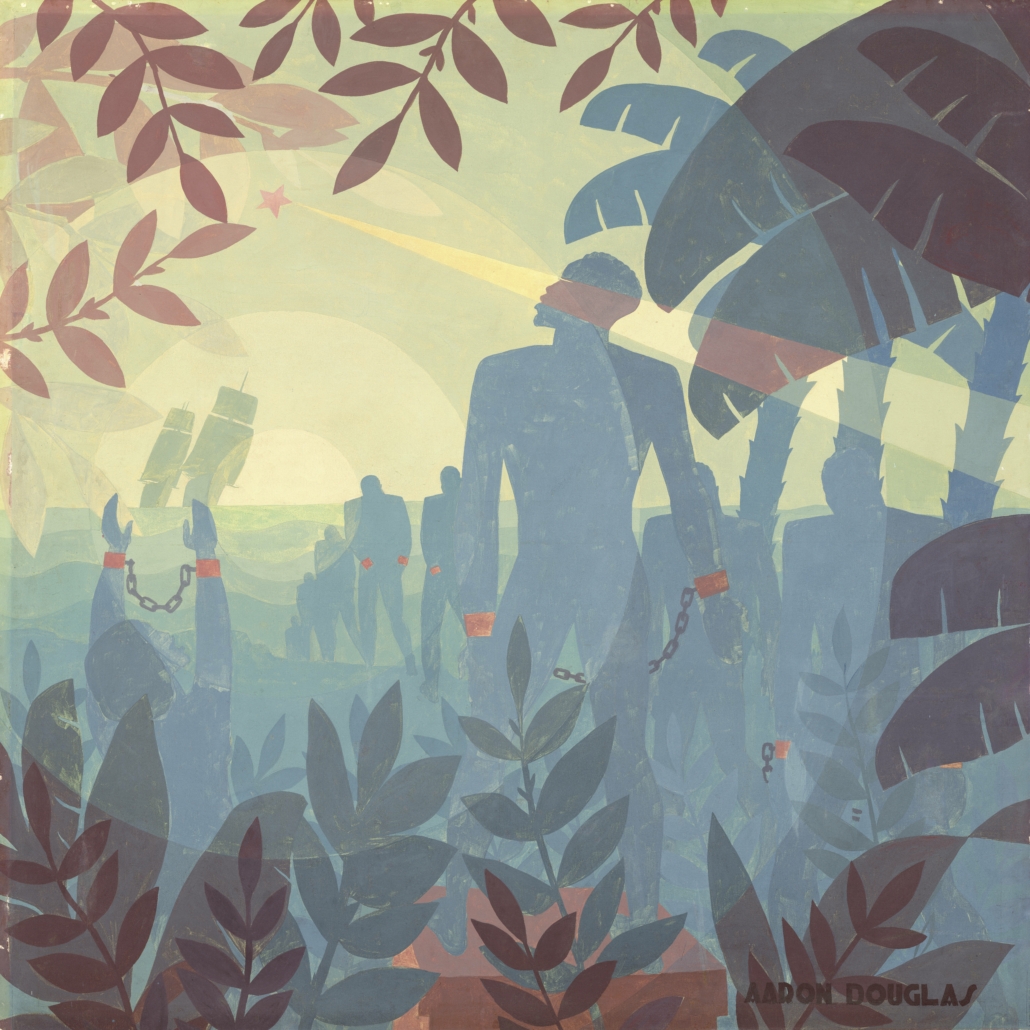 Aaron Douglas, ‘Into Bondage,’ 1936, oil on canvas, National Gallery of Art, Washington, D.C., Corcoran Collection (museum purchase and partial gift from Thurlow Evans Tibbs, Jr., the Evans‐Tibbs Collection). © 2021 Heirs of Aaron Douglas / Licensed by VAGA at Artists Rights Society (ARS), NY