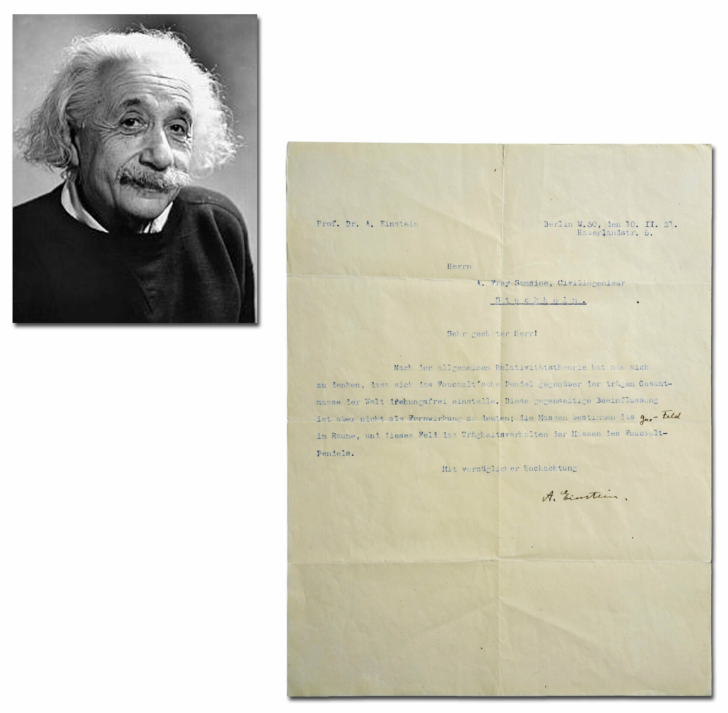One-page letter 1921 letter signed by Albert Einstein, regarding his theory of relativity as it pertains to the motion of Foucault’s pendulum, est. $18,000-$20,000