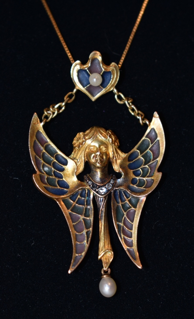 Circa-1900 Art Nouveau plique a jour 14K yellow gold, diamond and pearl pendant, est. $100-$1,000