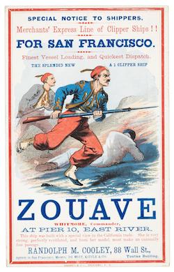 Circa-1860 Zouave clipper ship card, est. $1,500-$2,500