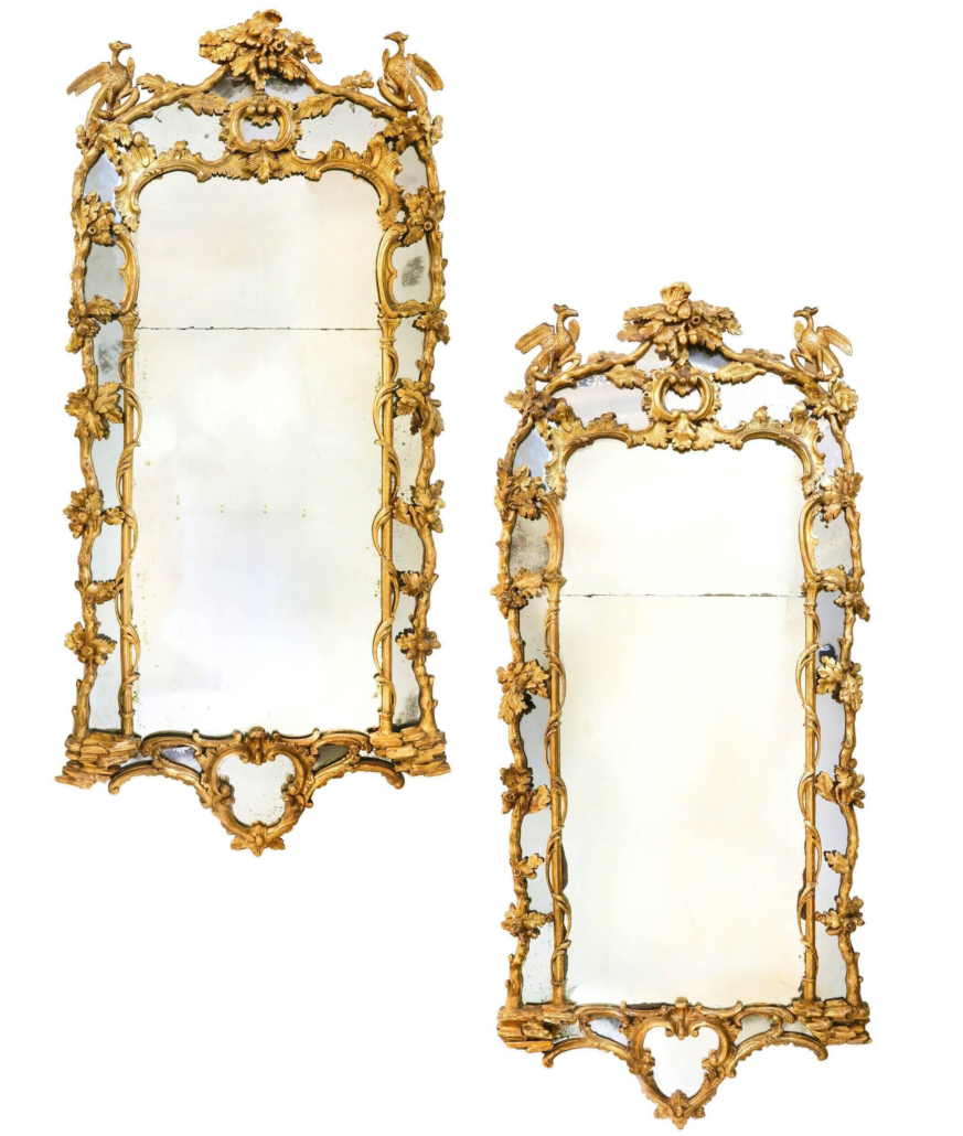 Monumental pair of Irish George II giltwood mirrors, est. $10,000-$15,000