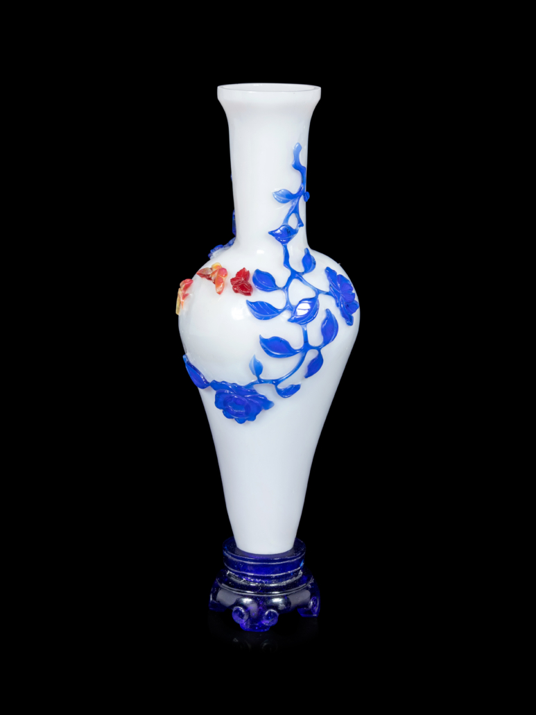 Chinese red, blue and yellow overlay white glass amphora vase and stand, est. $15,000-$20,000