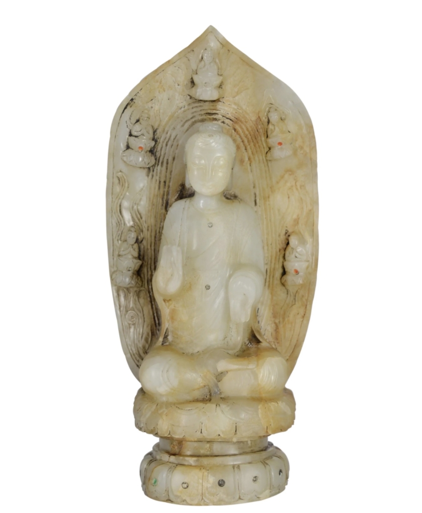 Sui-Tang dynasty jade Shakyamuni with flaming mandorla, est. $10,000-$20,000