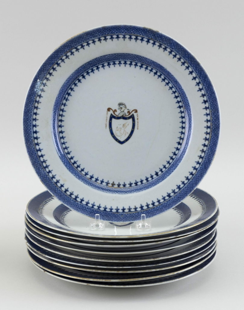 A collection of 10 Thomas Jefferson armorial plates attained $25,000 plus the buyer’s premium in July 2021 at Eldred’s. Image courtesy of Eldred’s and LiveAuctioneers