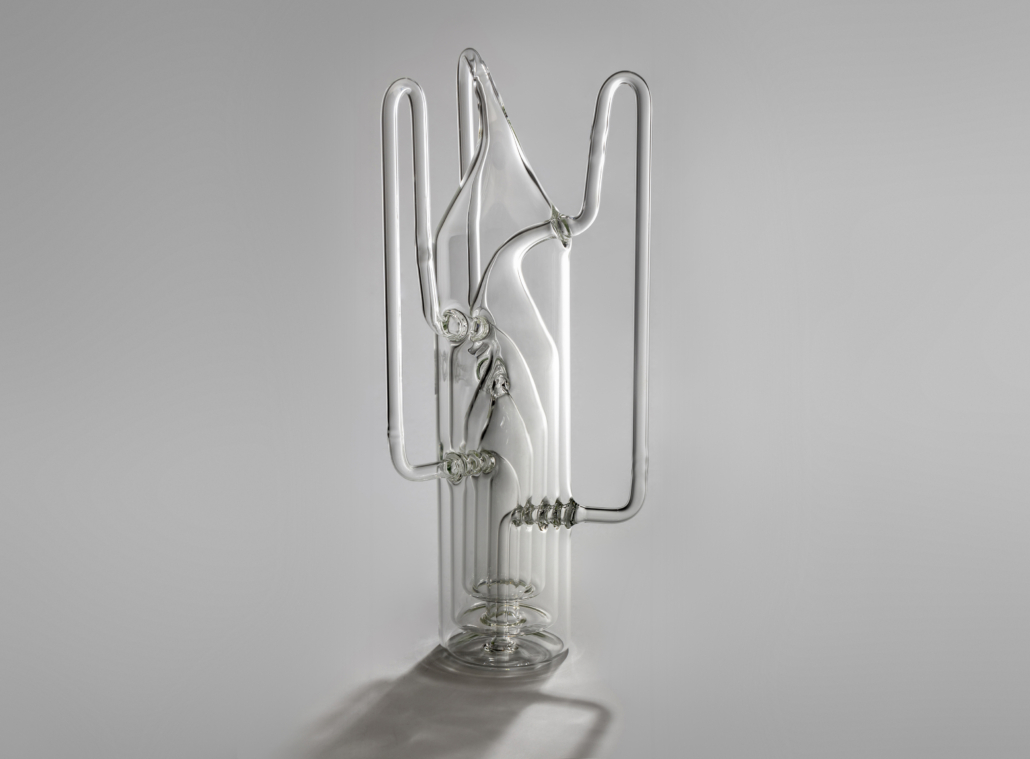 Triple Klein bottle, internally linked, c. 2005¬–19. Cliff Stoll (b. 1950); glass work by 邢玮 (Ms. Xing Wei) of Shanghai, China. Borosilicate glass. Courtesy of the artist. L2021.0902.003