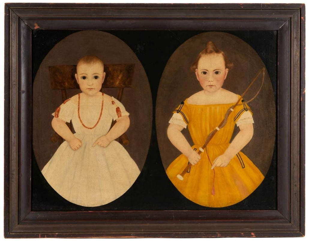 A double folk art portrait painted in 1856 by John James Trumbull Arnold of the Parsons children brought $70,000 plus the buyer’s premium in November 2020 at Jeffrey S. Evans & Associates. Image courtesy of Jeffrey S. Evans & Associates and LiveAuctioneers.