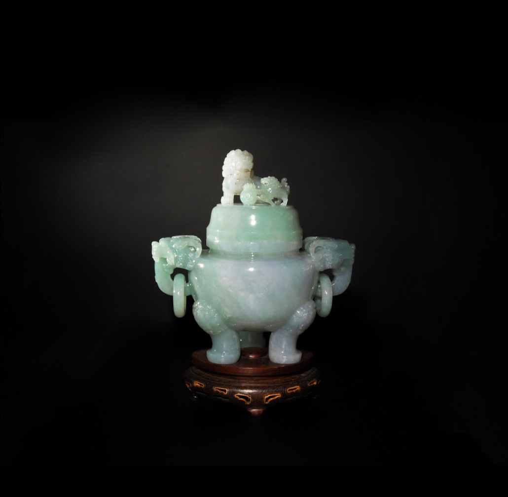 Chinese jadeite lidded tripod censer with wooden stand, est. $80,000-$100,000