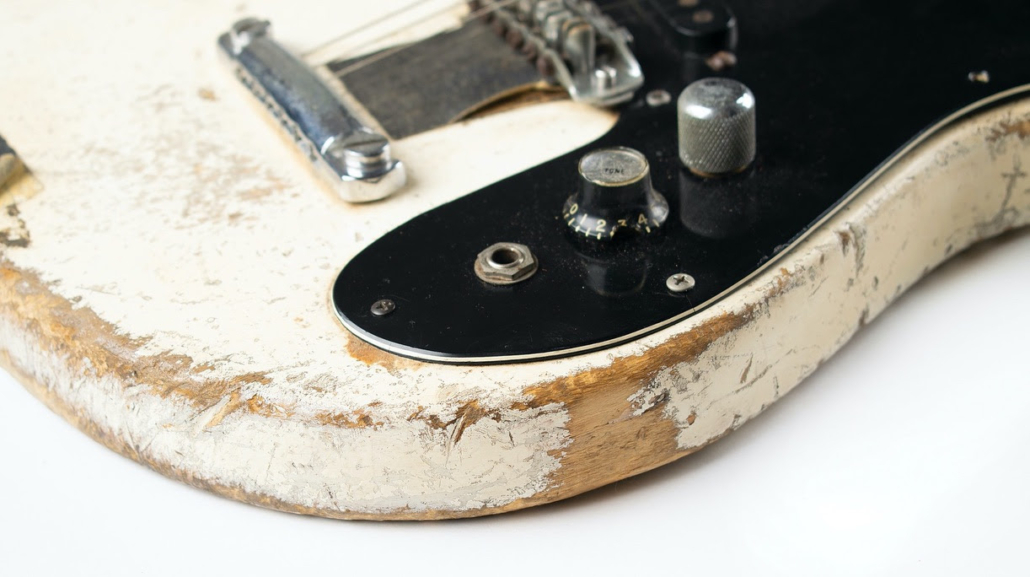 Angle on Johnny Ramone’s Mosrite guitar, showing the wear
