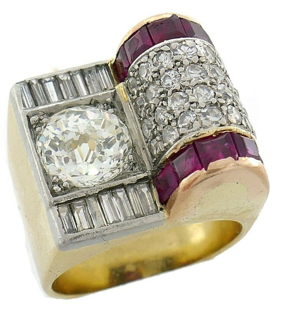 Circa-1940s asymmetrical 14K yellow gold ring with diamonds and rubies, est. $22,000-$26,000