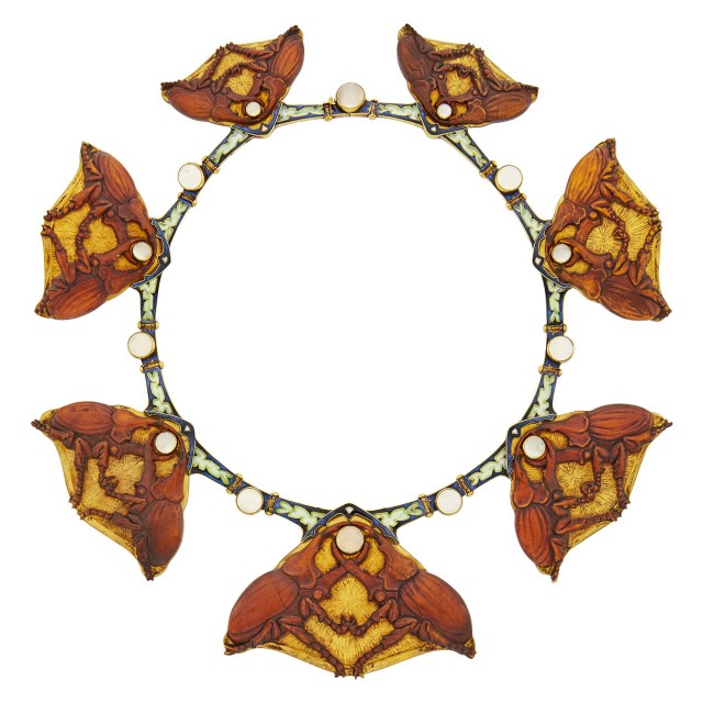 Rene Lalique Art Nouveau gold, carved horn, enamel and moonstone necklace, est. $75,000-$100,000